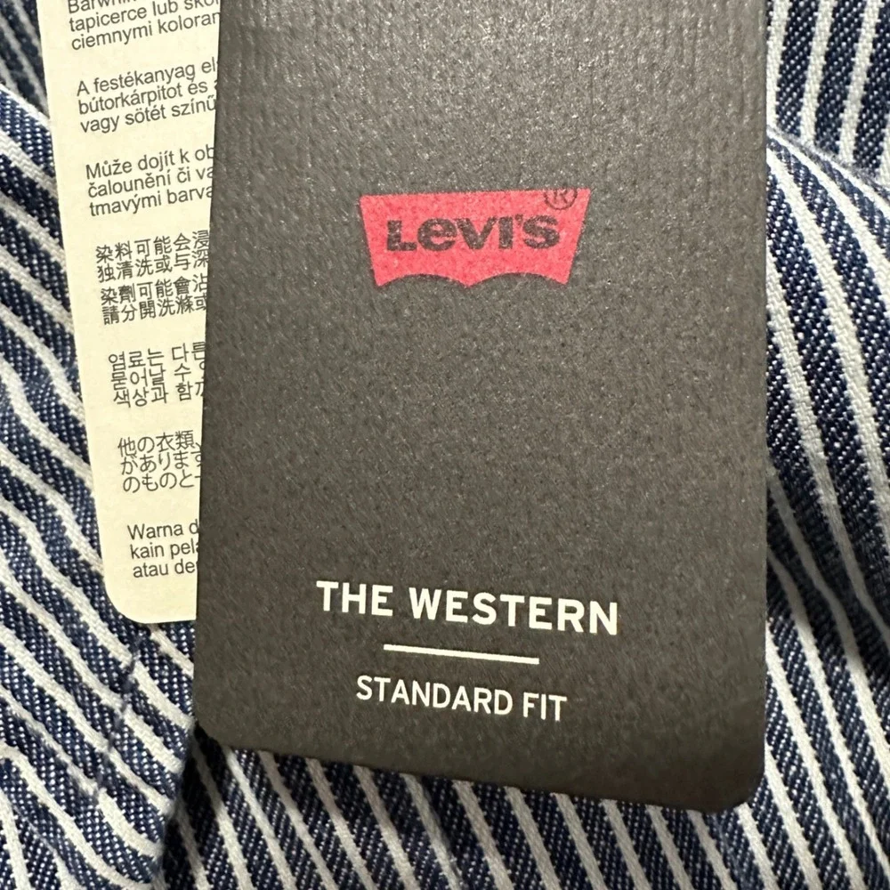 Levi's Men's L Western Shirt Blue White Striped Snap Front Locomotive‎ Train NEW